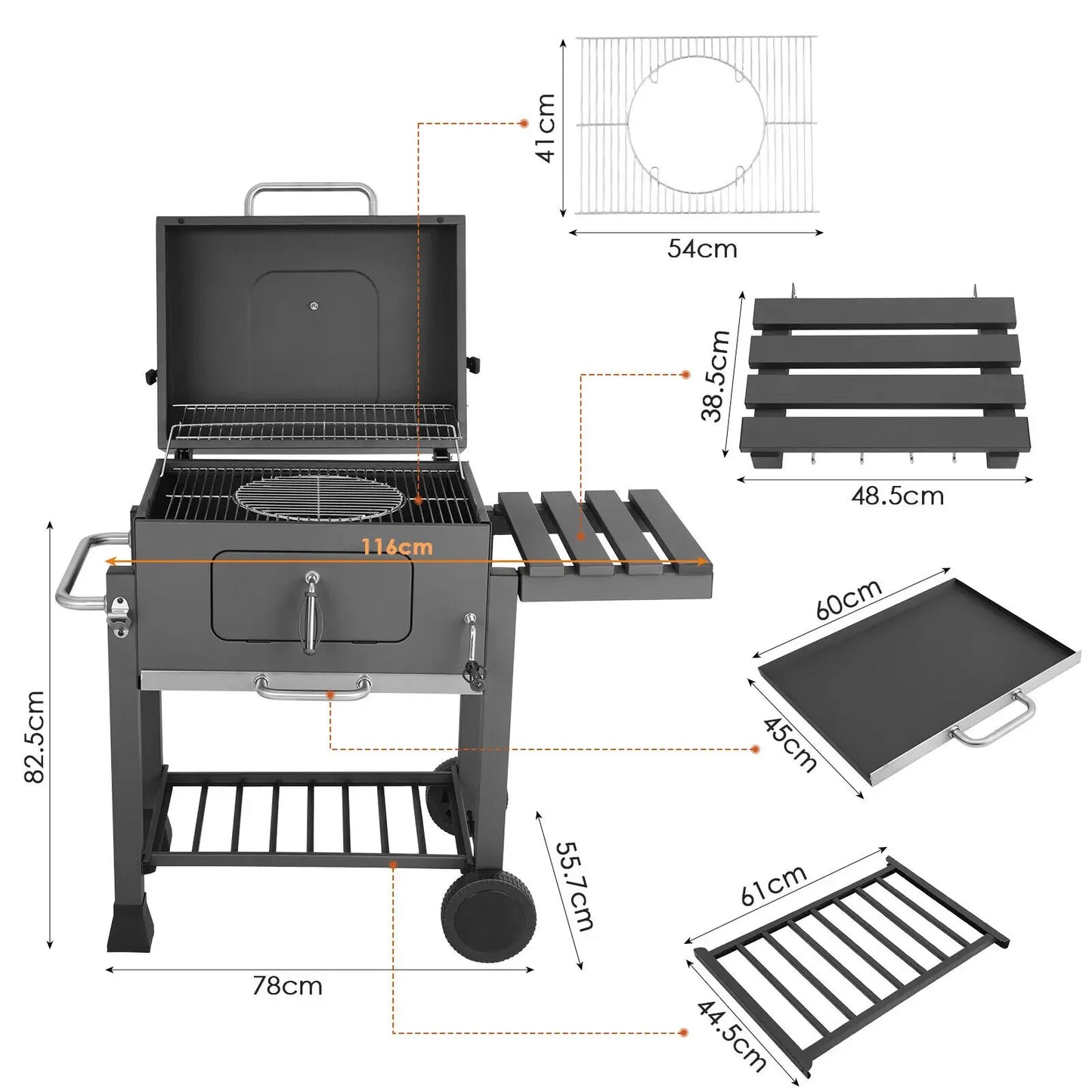 Holzkohlegrillwagen mit Deckel & Thermometer – Höhenverstellbarer Grill für Garten & Camping