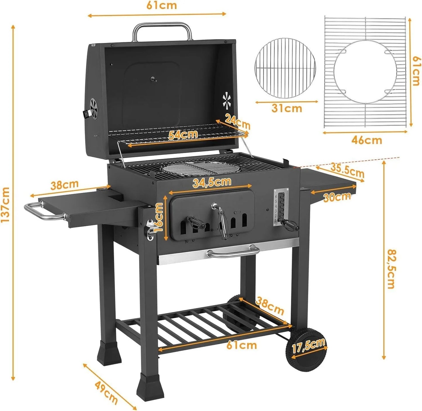 BBQ Grillwagen XXL Holzkohlegrills mit Deckel Gartengrill mit Rädern