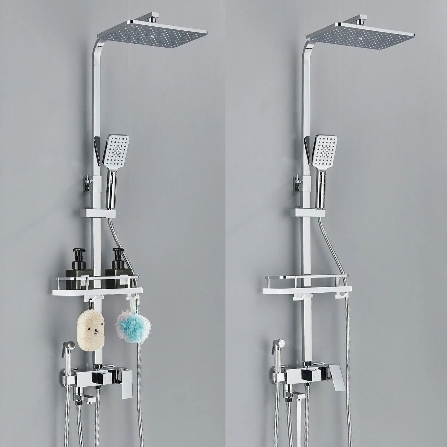 Messing-Duscharmatur Set Regen-Badewannenarmatur mit Badezimmerregal 4 Funktionen Höhenverstellbarer