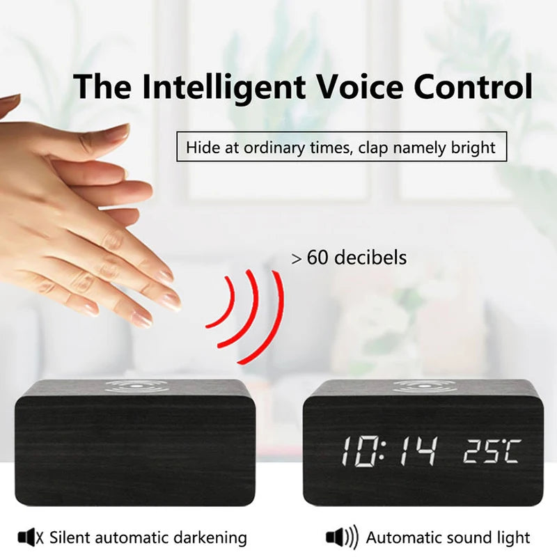Hölzerner digitaler Wecker mit kabellosem Laden, LED-Uhr mit Uhrzeit, Datum, Temperatur, Schreibtischuhren für das Büro, Nachttischuhr