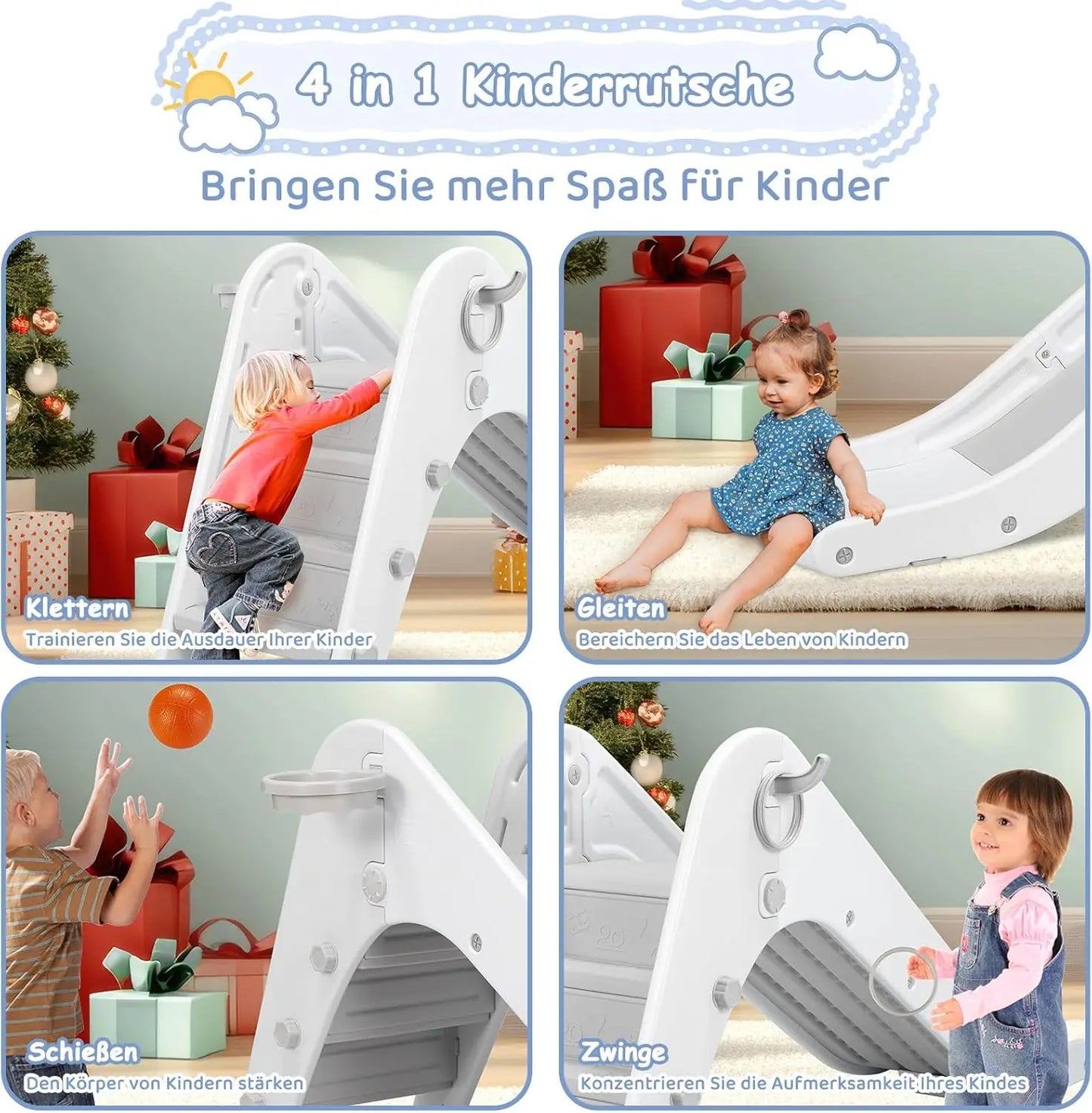 "Kinderrutsche mit Basketballkorb, kleine Rutsche für 2+ Jahre, Gartenrutsche bis 25kg (grau/weiß), 190x87,5x45cm." (128 Zeichen