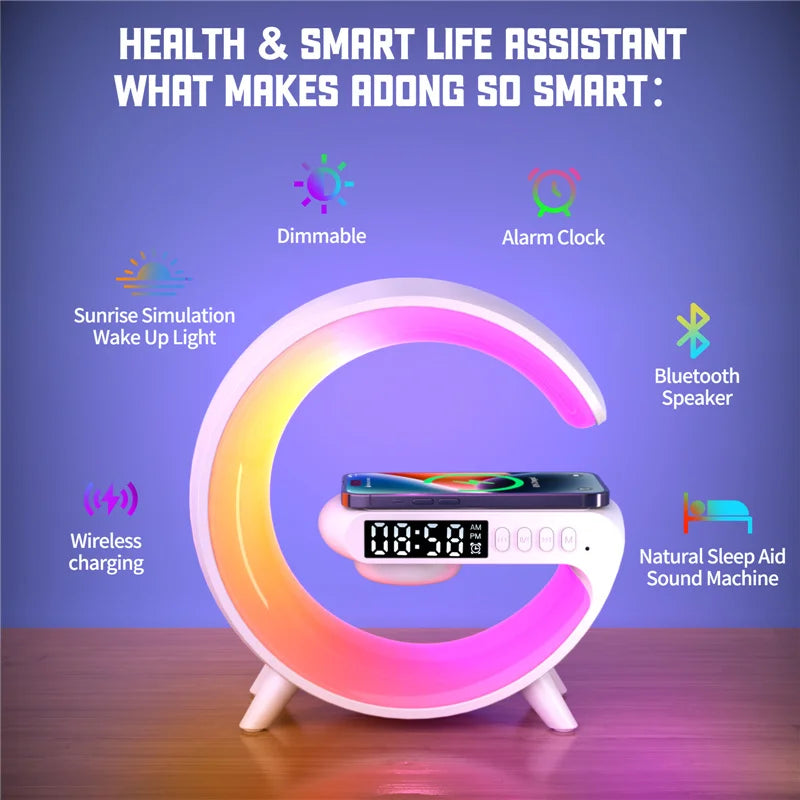Kabelloses Ladegerät Lautsprecher TF Karte RGB Nachtlicht Lampe Wecker Schnellladestation für iPhone Samsung Xiaomi