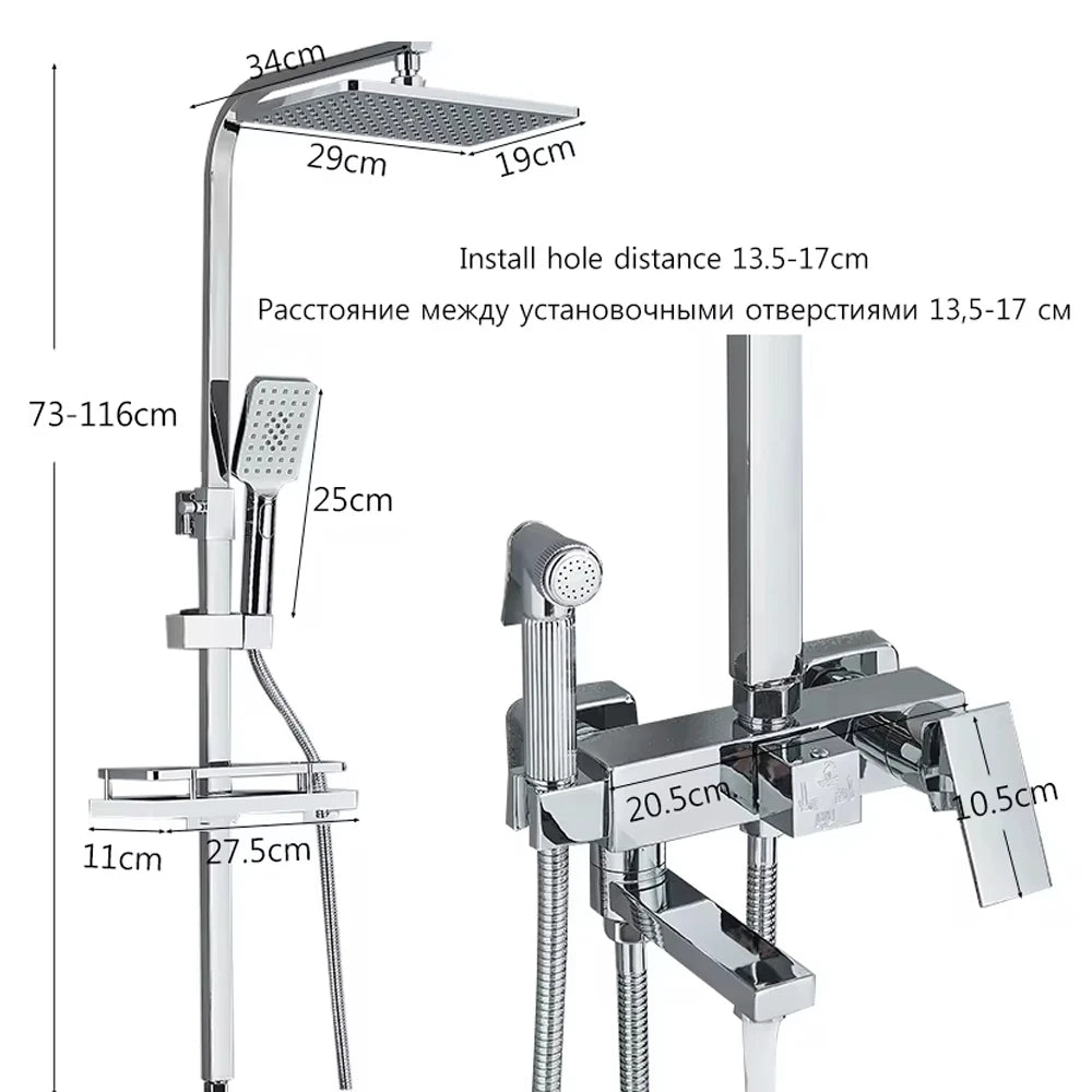 Messing-Duscharmatur Set Regen-Badewannenarmatur mit Badezimmerregal 4 Funktionen Höhenverstellbarer
