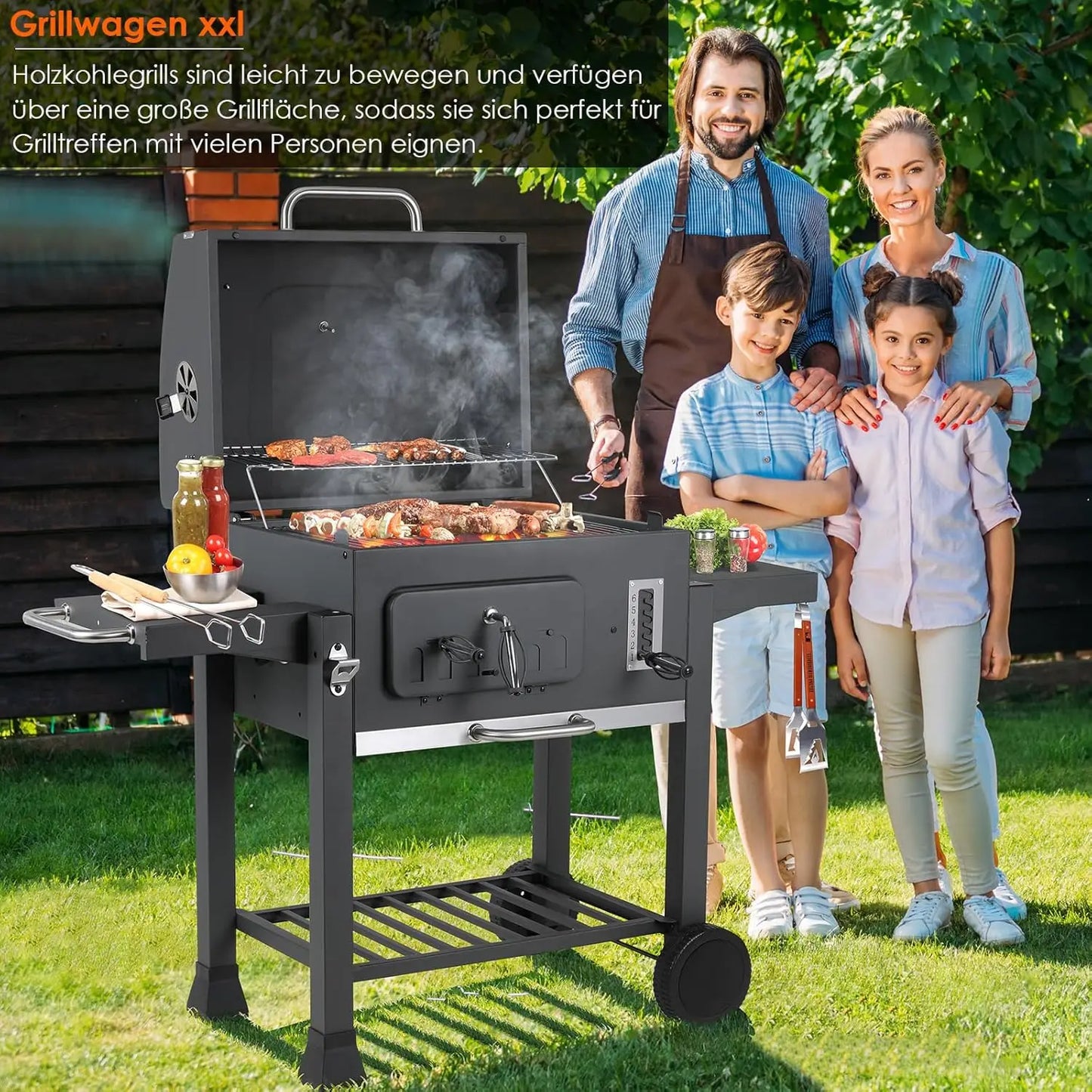 BBQ Grillwagen XXL Holzkohlegrills mit Deckel Gartengrill mit Rädern