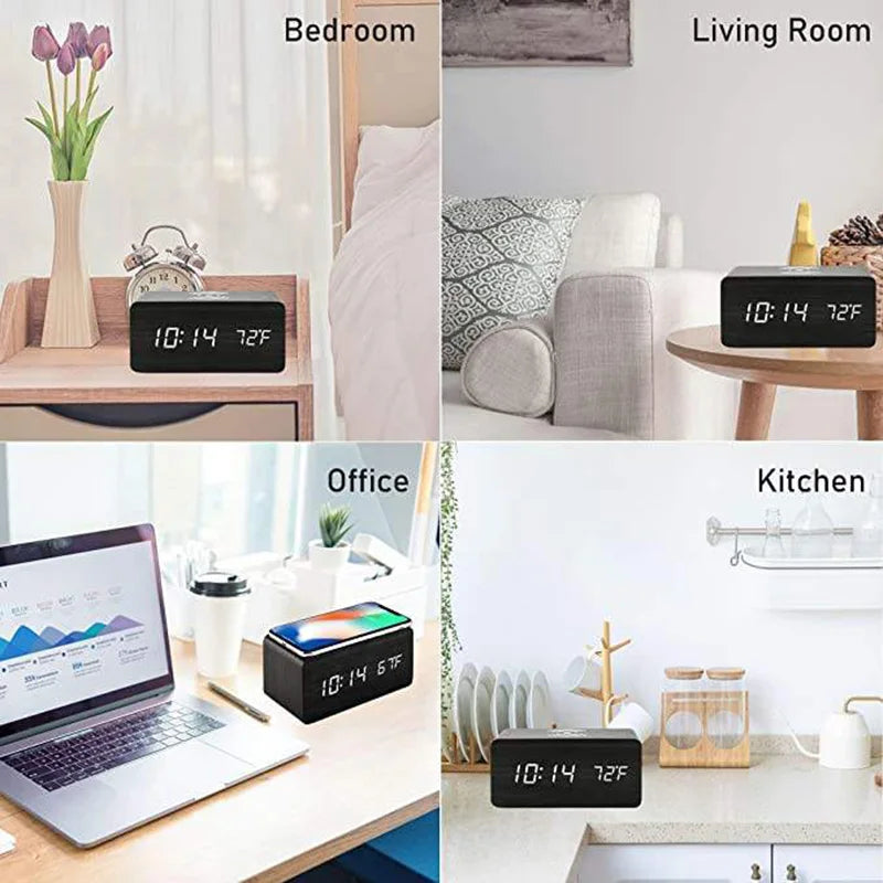 Hölzerner digitaler Wecker mit kabellosem Laden, LED-Uhr mit Uhrzeit, Datum, Temperatur, Schreibtischuhren für das Büro, Nachttischuhr