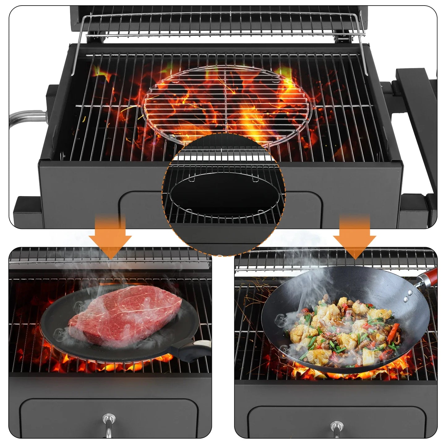 Holzkohlegrillwagen mit Deckel & Thermometer – Höhenverstellbarer Grill für Garten & Camping