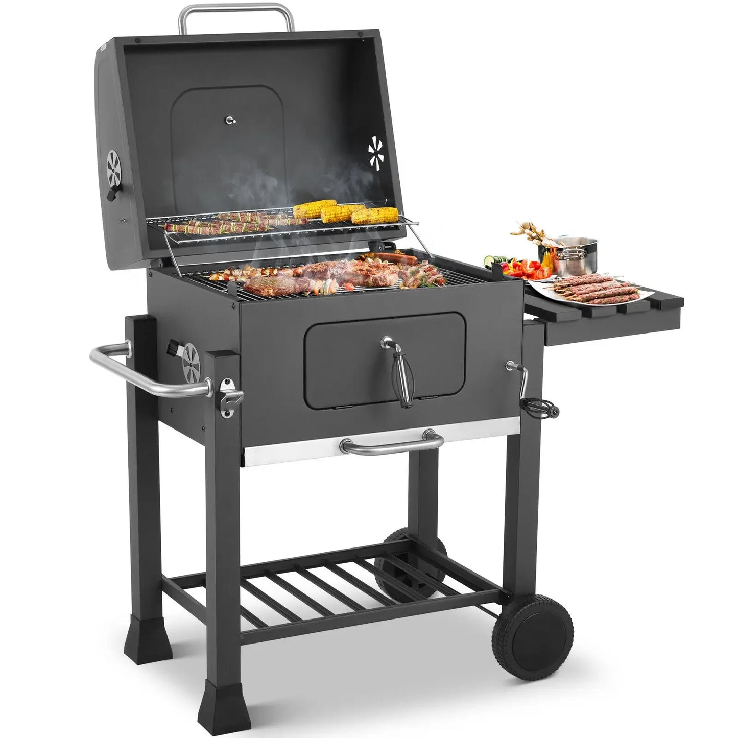 Holzkohlegrillwagen mit Deckel & Thermometer – Höhenverstellbarer Grill für Garten & Camping