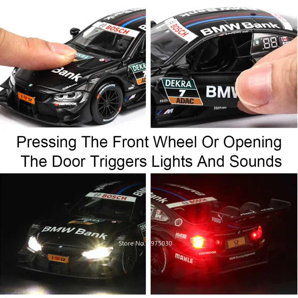 1:32 BMW M4 DTM Modellauto – Pull Back Sportwagen mit Sound & Licht