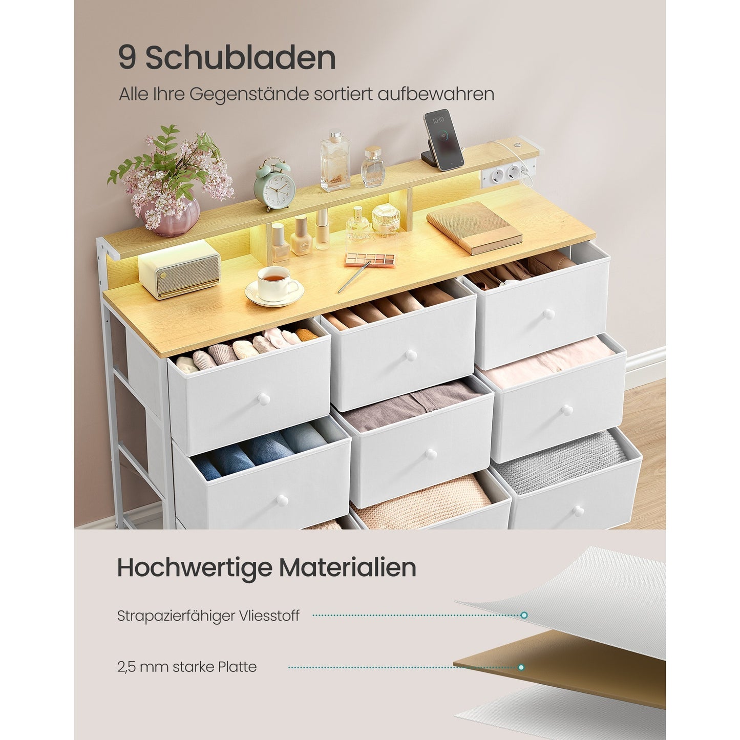 Kommode mit 9 Schubladen & LED-Beleuchtung – Aufbewahrungsschrank mit Steckdosenleiste