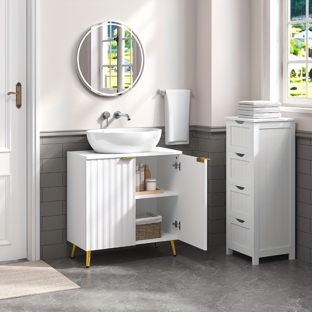 Weiß-goldener Waschbeckenunterschrank – 3 Schubladen, verstellbares Regal, minimalistisch