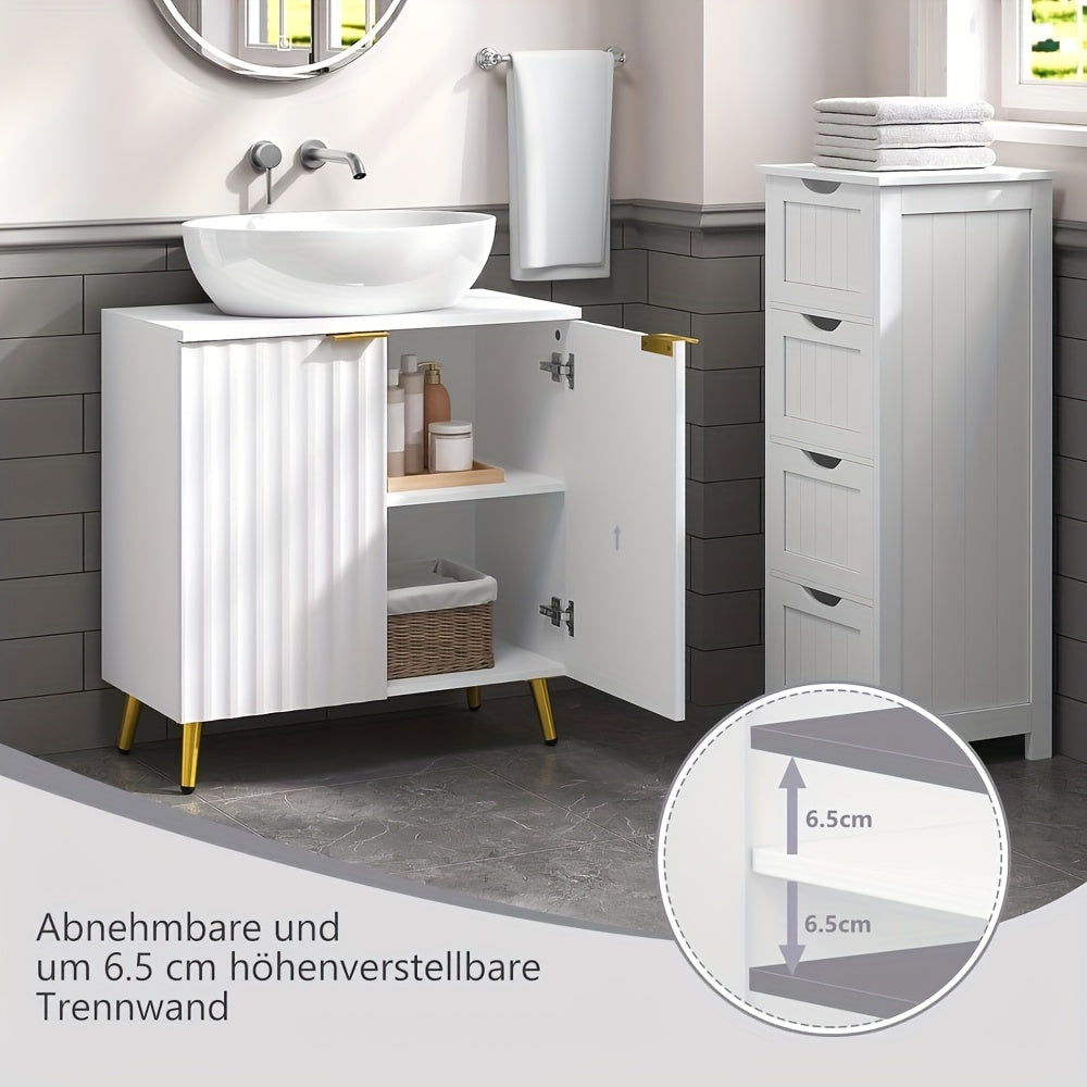 Weiß-goldener Waschbeckenunterschrank – 3 Schubladen, verstellbares Regal, minimalistisch