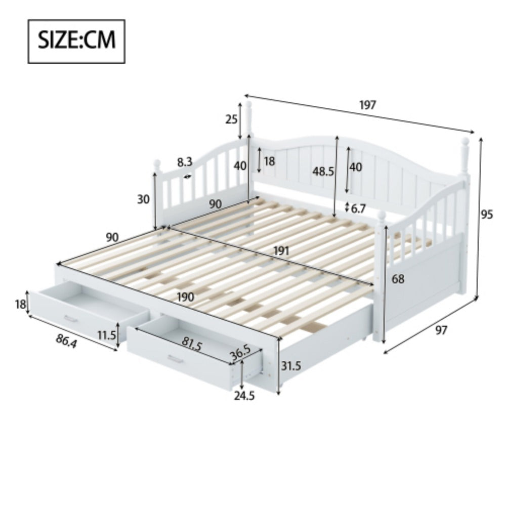 Multifunktionales Kiefernholz Klappbett – Doppelbett/Schlafsofa (90/180x190 cm)