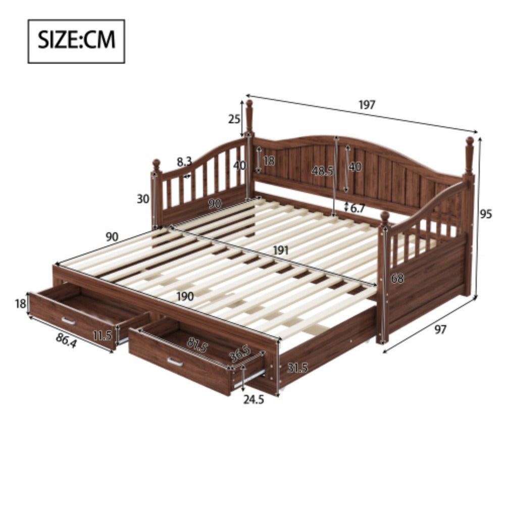 Multifunktionales Kiefernholz Klappbett – Doppelbett/Schlafsofa (90/180x190 cm)