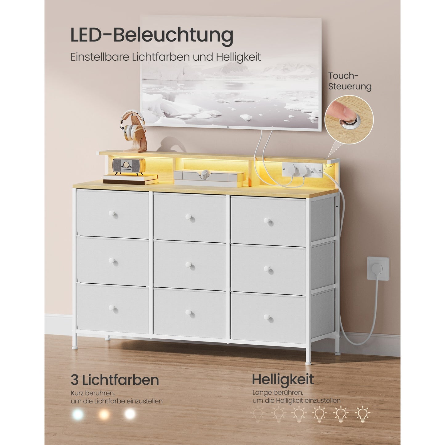 Kommode mit 9 Schubladen & LED-Beleuchtung – Aufbewahrungsschrank mit Steckdosenleiste