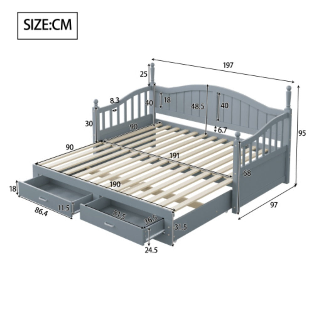 Multifunktionales Kiefernholz Klappbett – Doppelbett/Schlafsofa (90/180x190 cm)