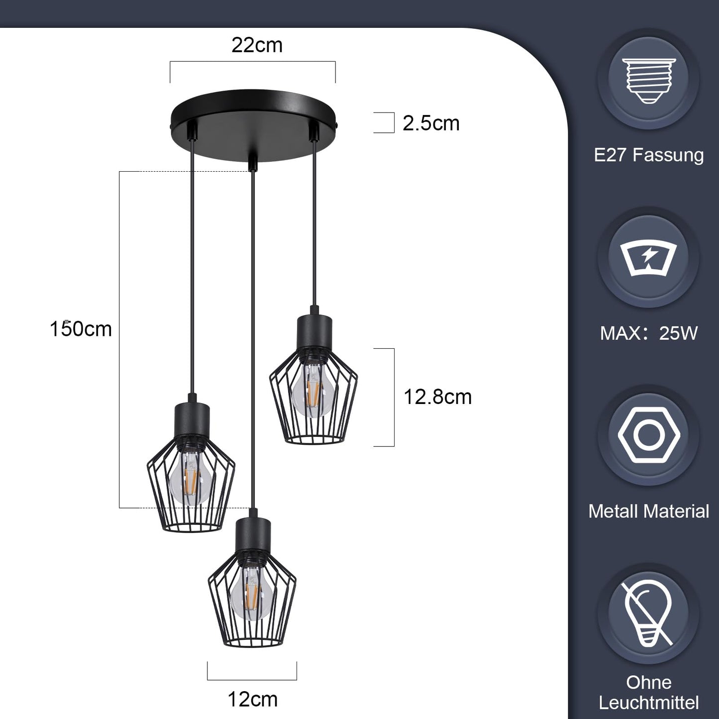 Schwarze 3-flammige LED Hängelampe – Retro Käfig Pendelleuchte für Esszimmer