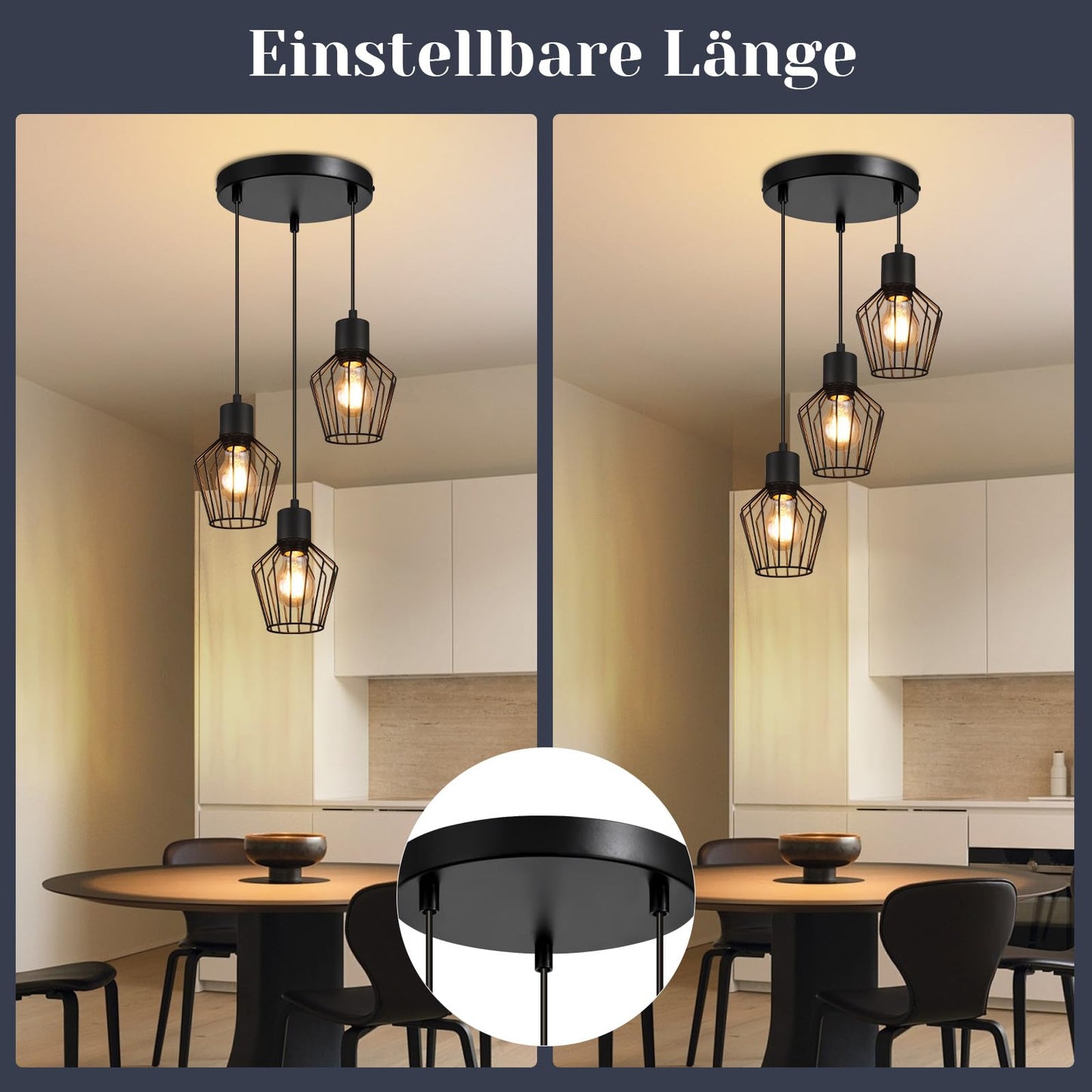 Schwarze 3-flammige LED Hängelampe – Retro Käfig Pendelleuchte für Esszimmer