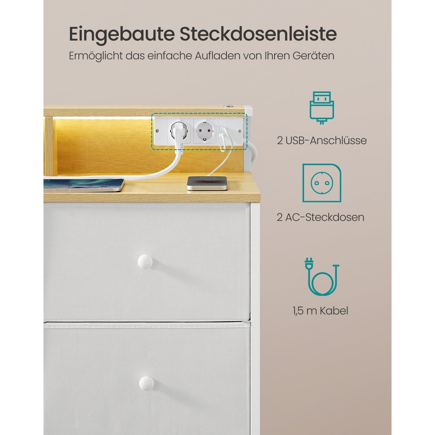 Kommode mit 9 Schubladen & LED-Beleuchtung – Aufbewahrungsschrank mit Steckdosenleiste