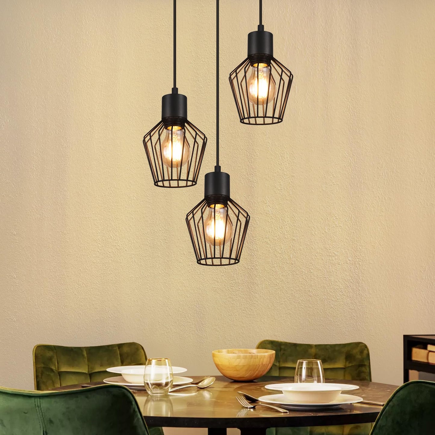 Schwarze 3-flammige LED Hängelampe – Retro Käfig Pendelleuchte für Esszimmer