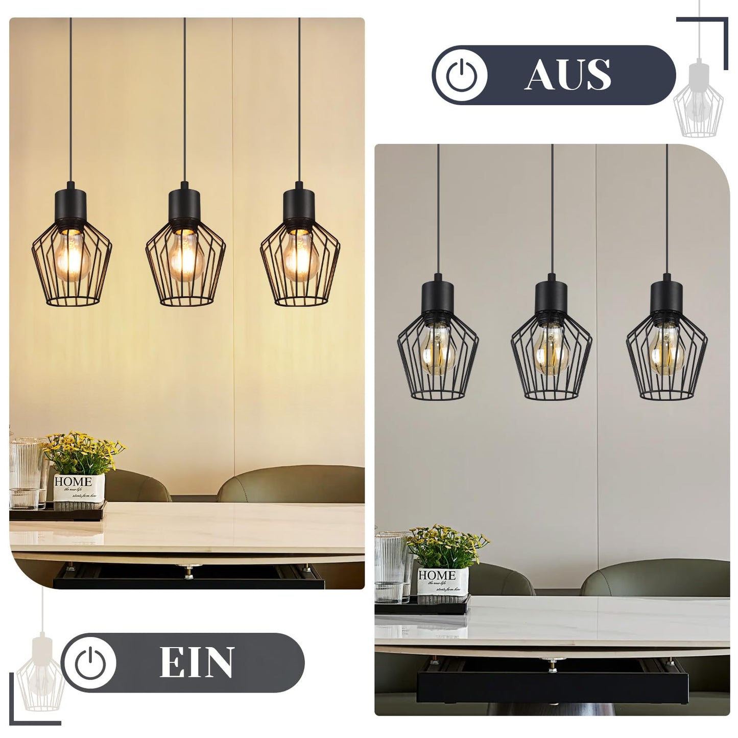 Schwarze 3-flammige LED Hängelampe – Retro Käfig Pendelleuchte für Esszimmer