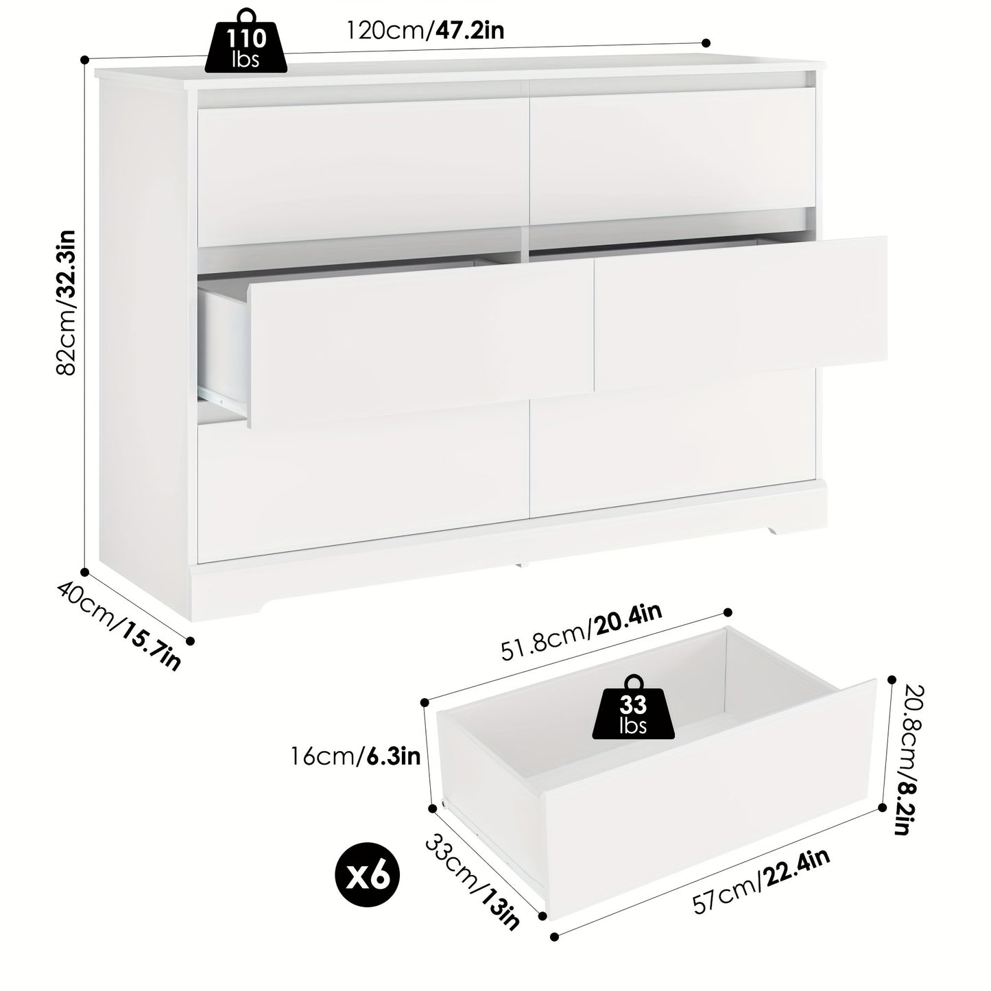 Moderne weiße Kommode mit 6 Schubladen – Großzügiger Stauraum für Schlafzimmer