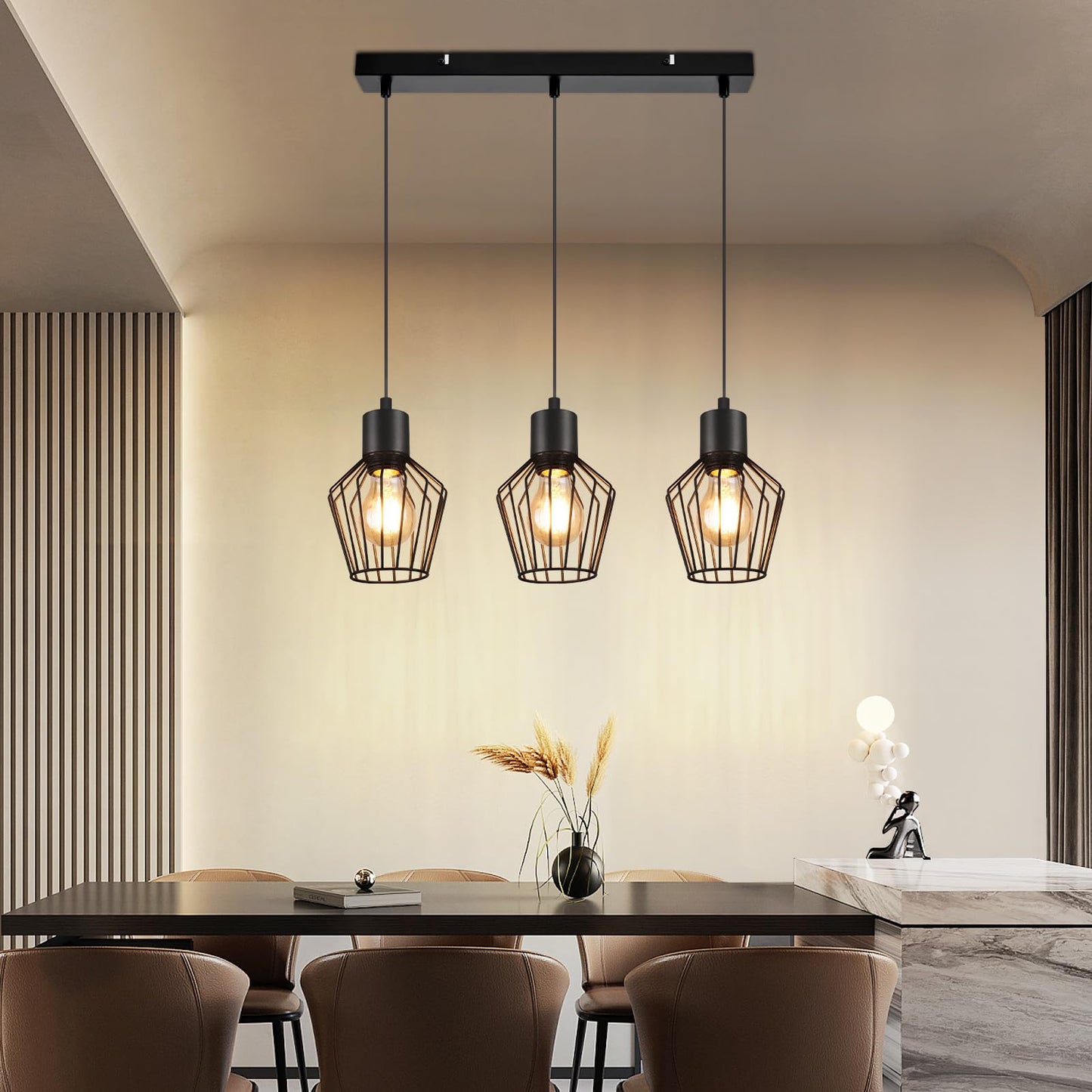Schwarze 3-flammige LED Hängelampe – Retro Käfig Pendelleuchte für Esszimmer