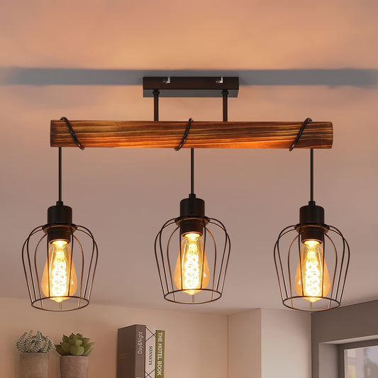 3-flammiger Industrie Vintage Kronleuchter – Metall & Holz, E27, Retro Schwarz