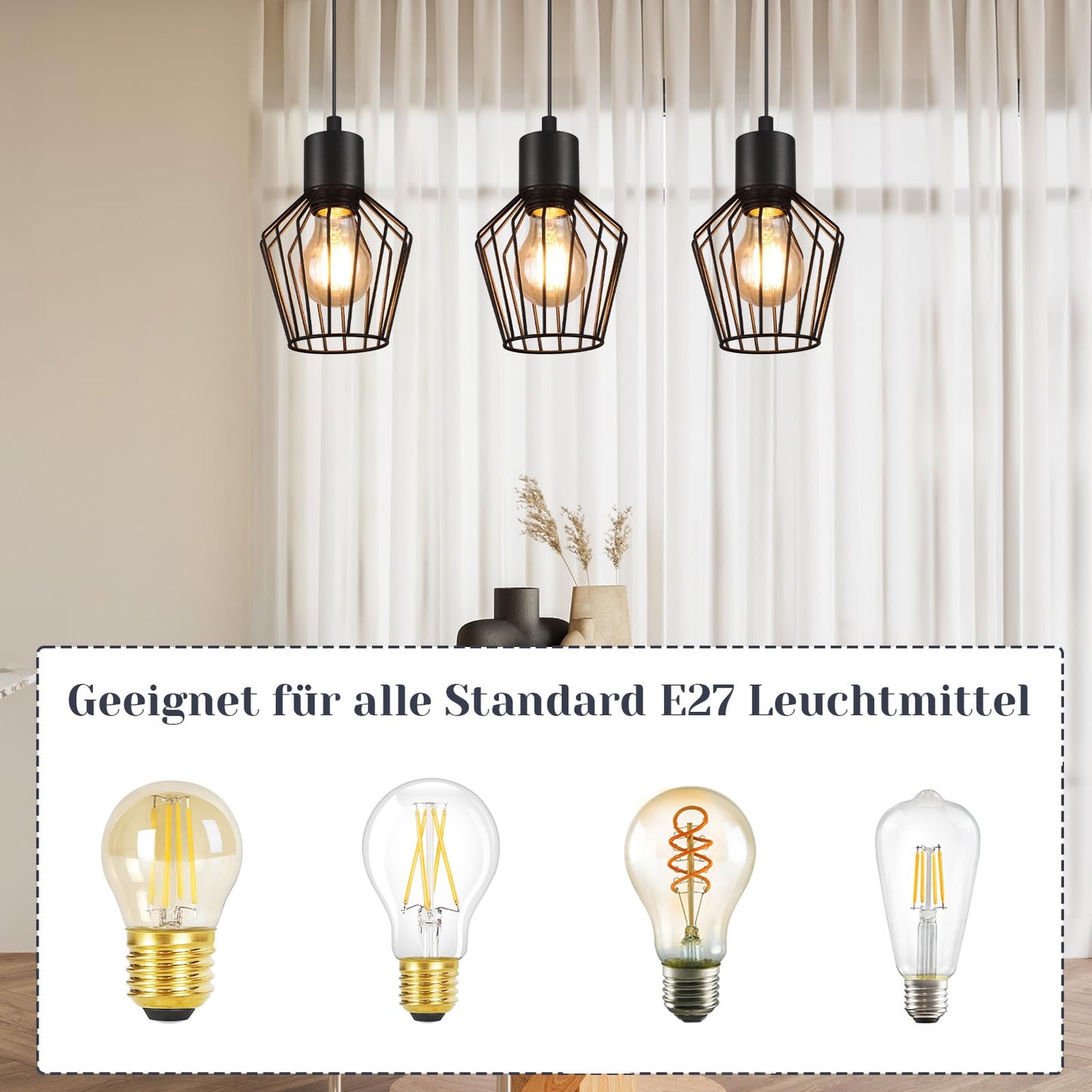 Schwarze 3-flammige LED Hängelampe – Retro Käfig Pendelleuchte für Esszimmer
