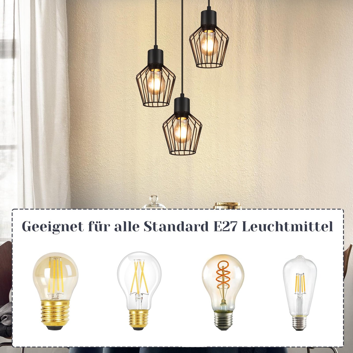Schwarze 3-flammige LED Hängelampe – Retro Käfig Pendelleuchte für Esszimmer