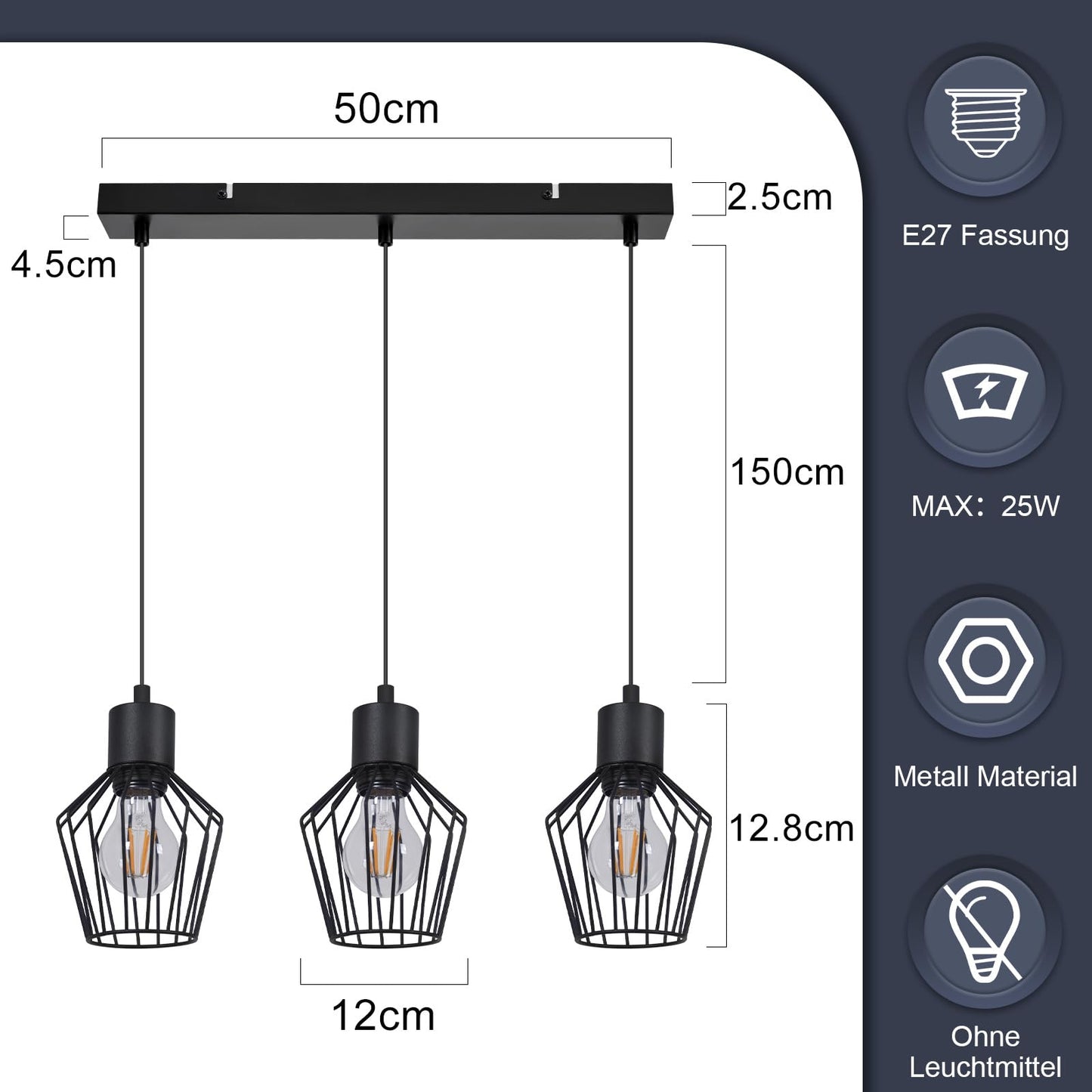 Schwarze 3-flammige LED Hängelampe – Retro Käfig Pendelleuchte für Esszimmer