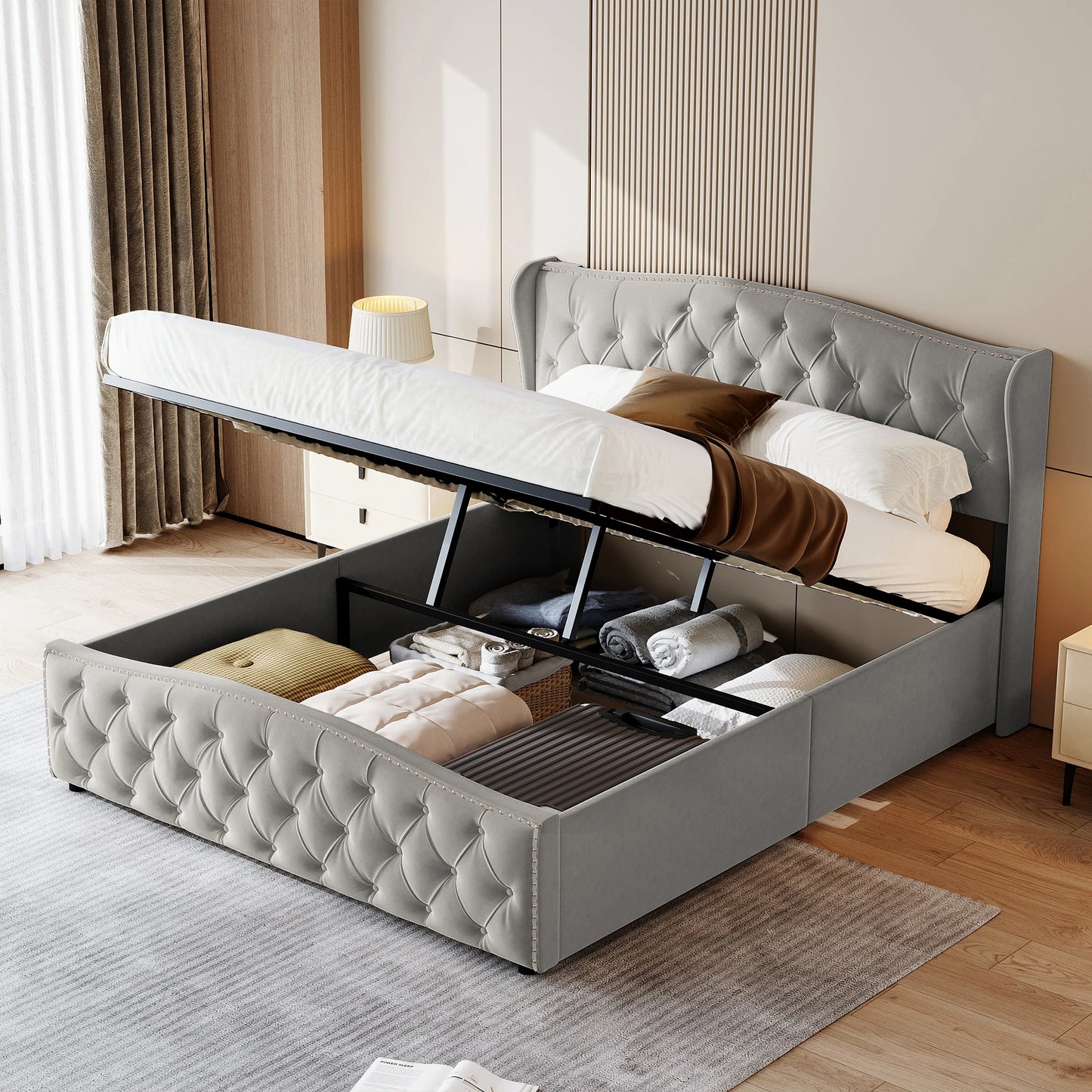 Gepolstertes Stauraumbett 140x200cm Samt - Doppelbett mit Lattenrost