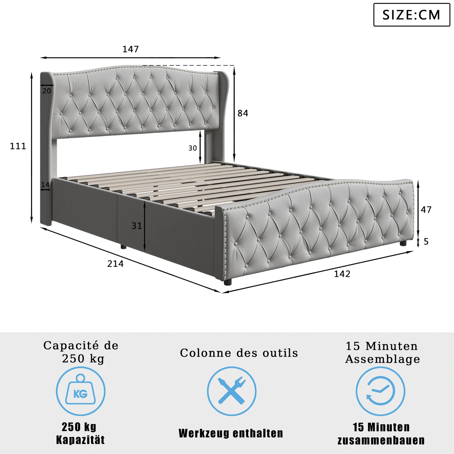 Gepolstertes Stauraumbett 140x200cm Samt - Doppelbett mit Lattenrost