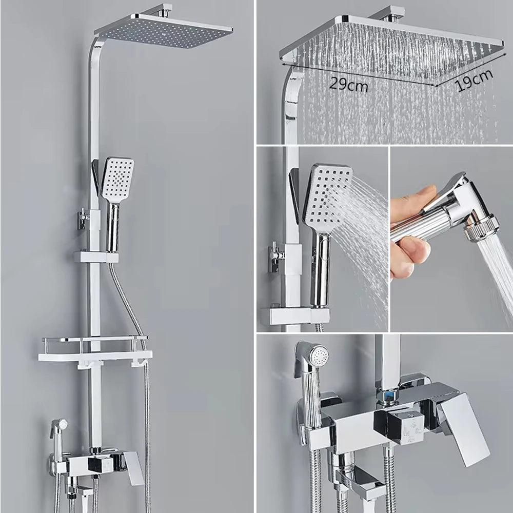 Messing-Duscharmatur Set Regen-Badewannenarmatur mit Badezimmerregal 4 Funktionen Höhenverstellbarer
