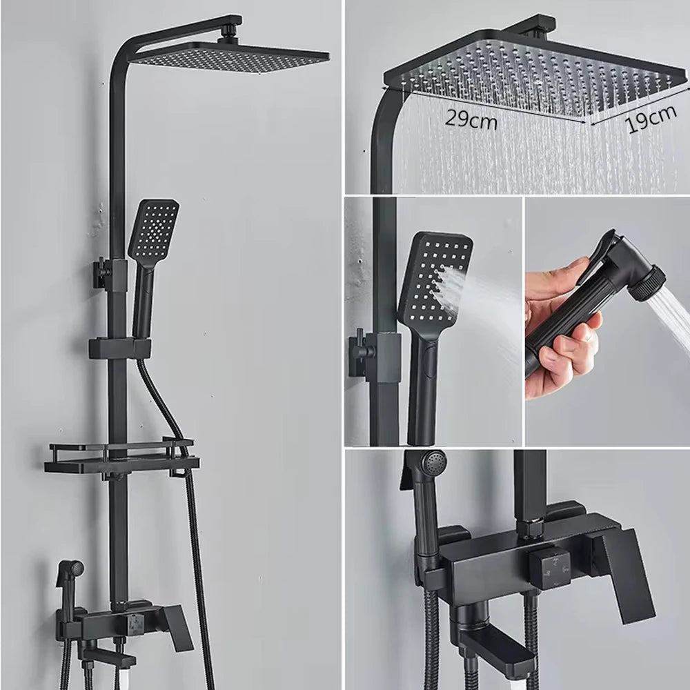Messing-Duscharmatur Set Regen-Badewannenarmatur mit Badezimmerregal 4 Funktionen Höhenverstellbarer