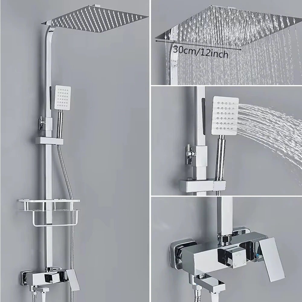 Messing-Duscharmatur Set Regen-Badewannenarmatur mit Badezimmerregal 4 Funktionen Höhenverstellbarer