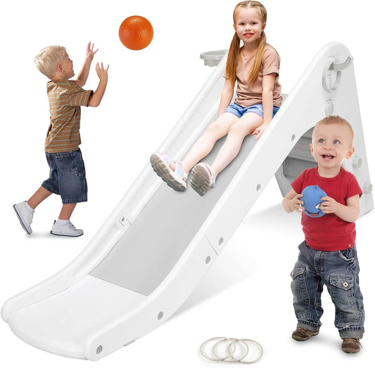 "Kinderrutsche mit Basketballkorb, kleine Rutsche für 2+ Jahre, Gartenrutsche bis 25kg (grau/weiß), 190x87,5x45cm." (128 Zeichen
