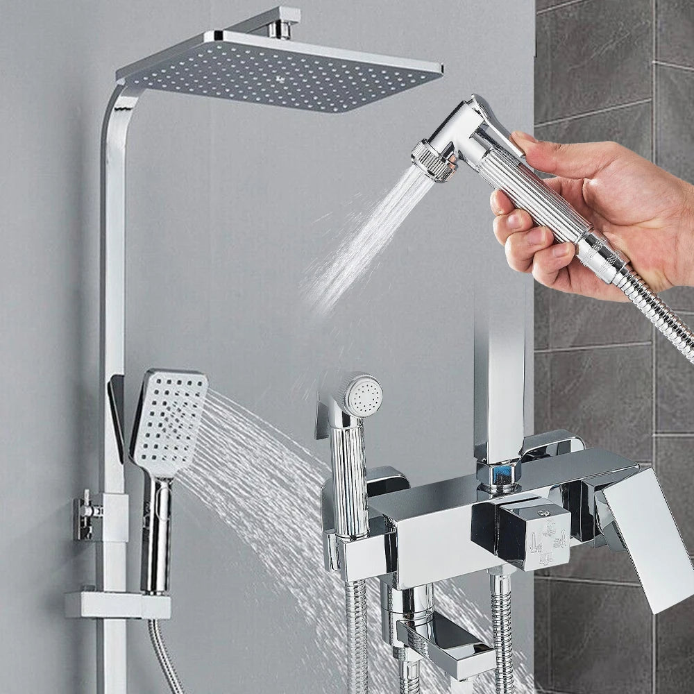 Messing-Duscharmatur Set Regen-Badewannenarmatur mit Badezimmerregal 4 Funktionen Höhenverstellbarer
