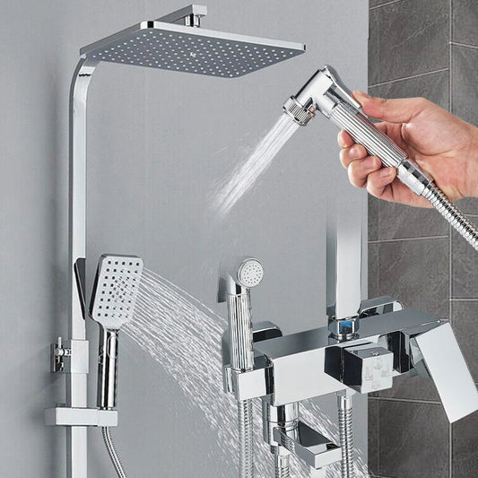 Messing-Duscharmatur Set Regen-Badewannenarmatur mit Badezimmerregal 4 Funktionen Höhenverstellbarer