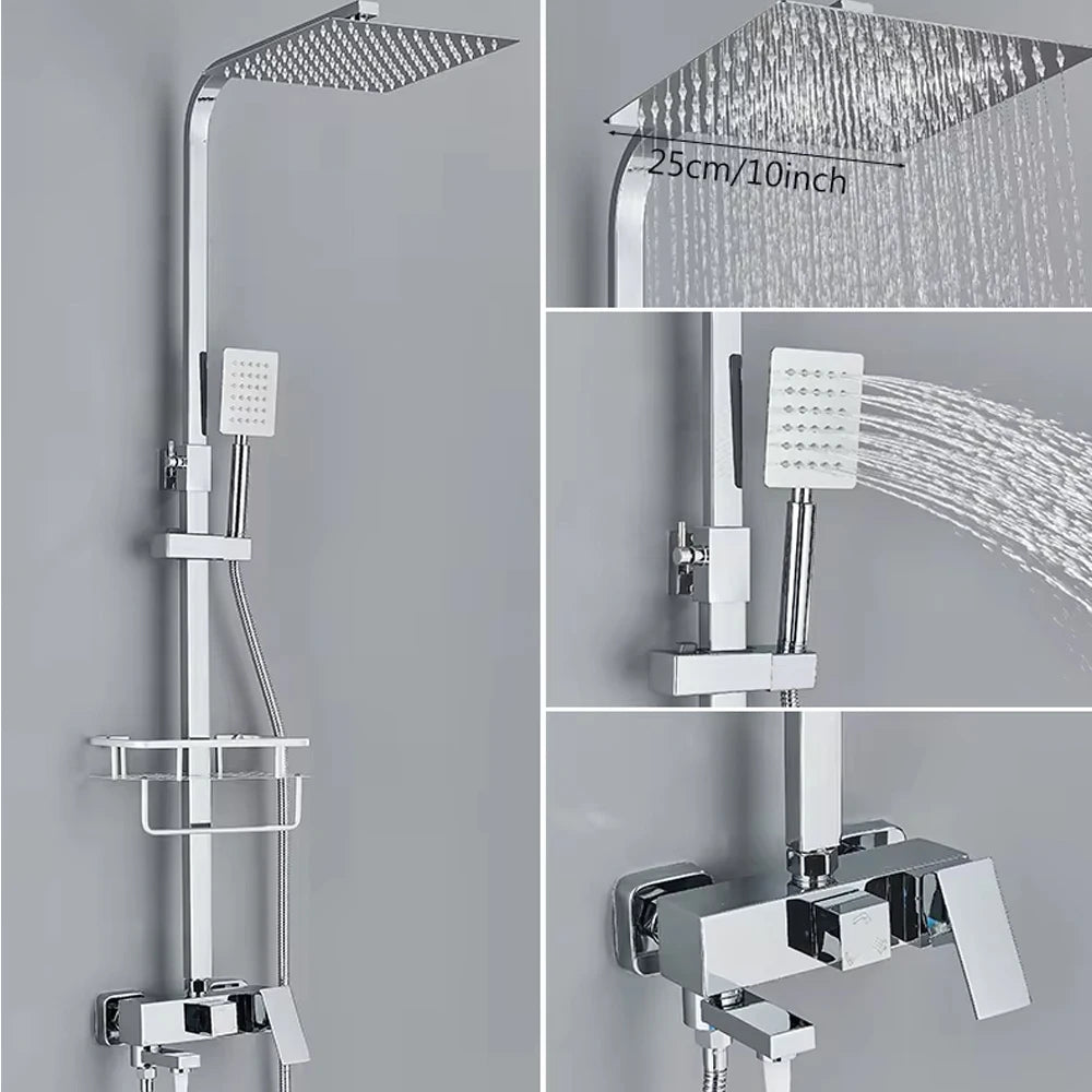 Messing-Duscharmatur Set Regen-Badewannenarmatur mit Badezimmerregal 4 Funktionen Höhenverstellbarer