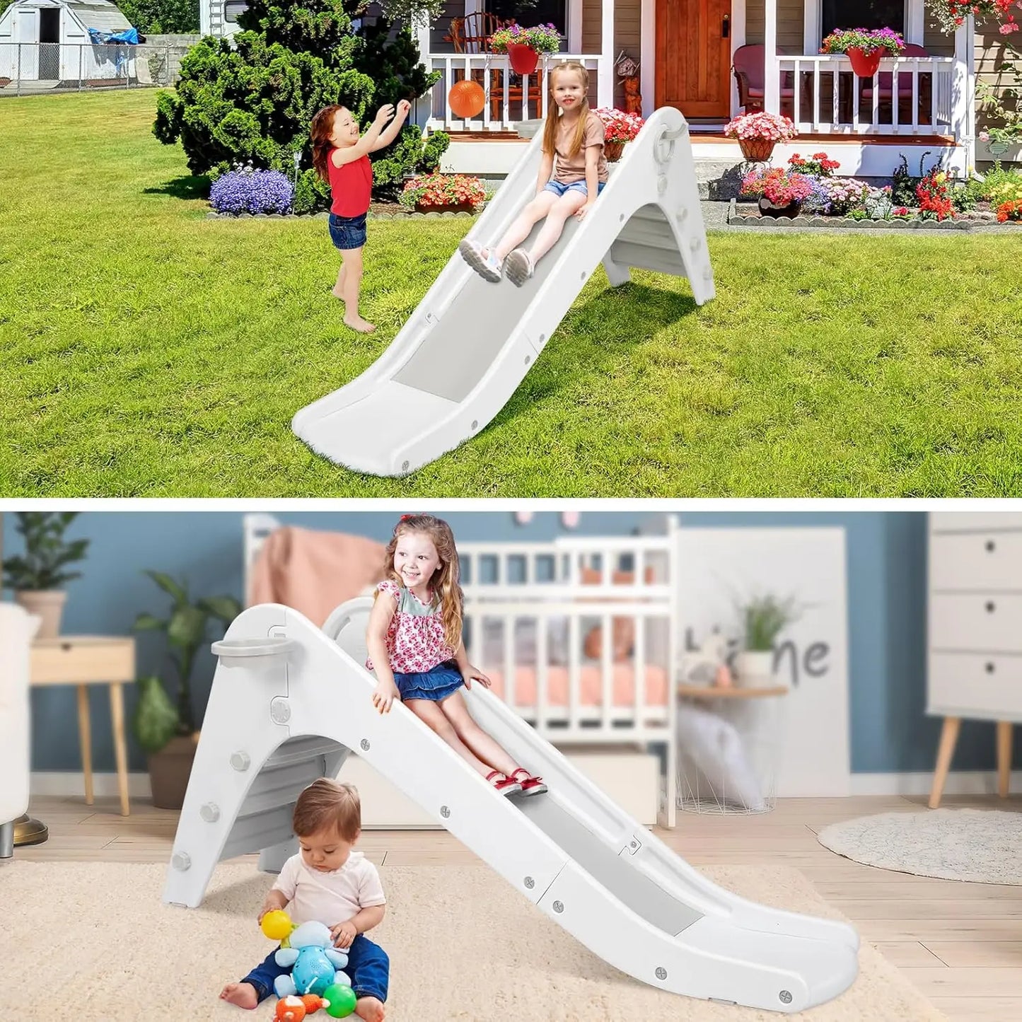 "Kinderrutsche mit Basketballkorb, kleine Rutsche für 2+ Jahre, Gartenrutsche bis 25kg (grau/weiß), 190x87,5x45cm." (128 Zeichen