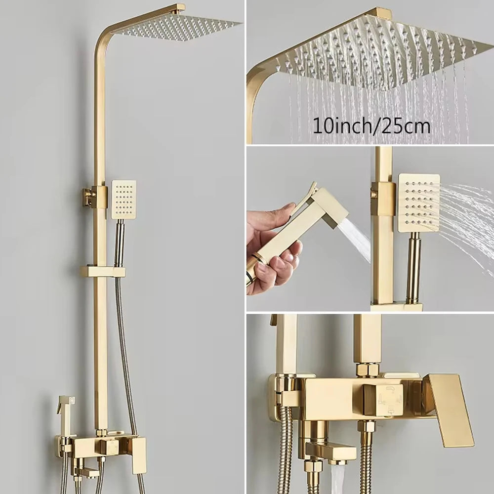 Messing-Duscharmatur Set Regen-Badewannenarmatur mit Badezimmerregal 4 Funktionen Höhenverstellbarer