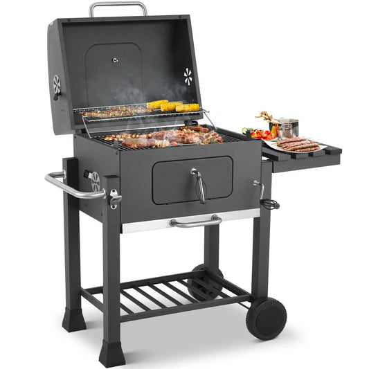 Holzkohlegrillwagen mit Deckel & Thermometer – Höhenverstellbarer Grill für Garten & Camping