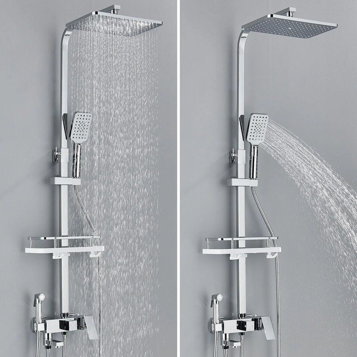 Messing-Duscharmatur Set Regen-Badewannenarmatur mit Badezimmerregal 4 Funktionen Höhenverstellbarer