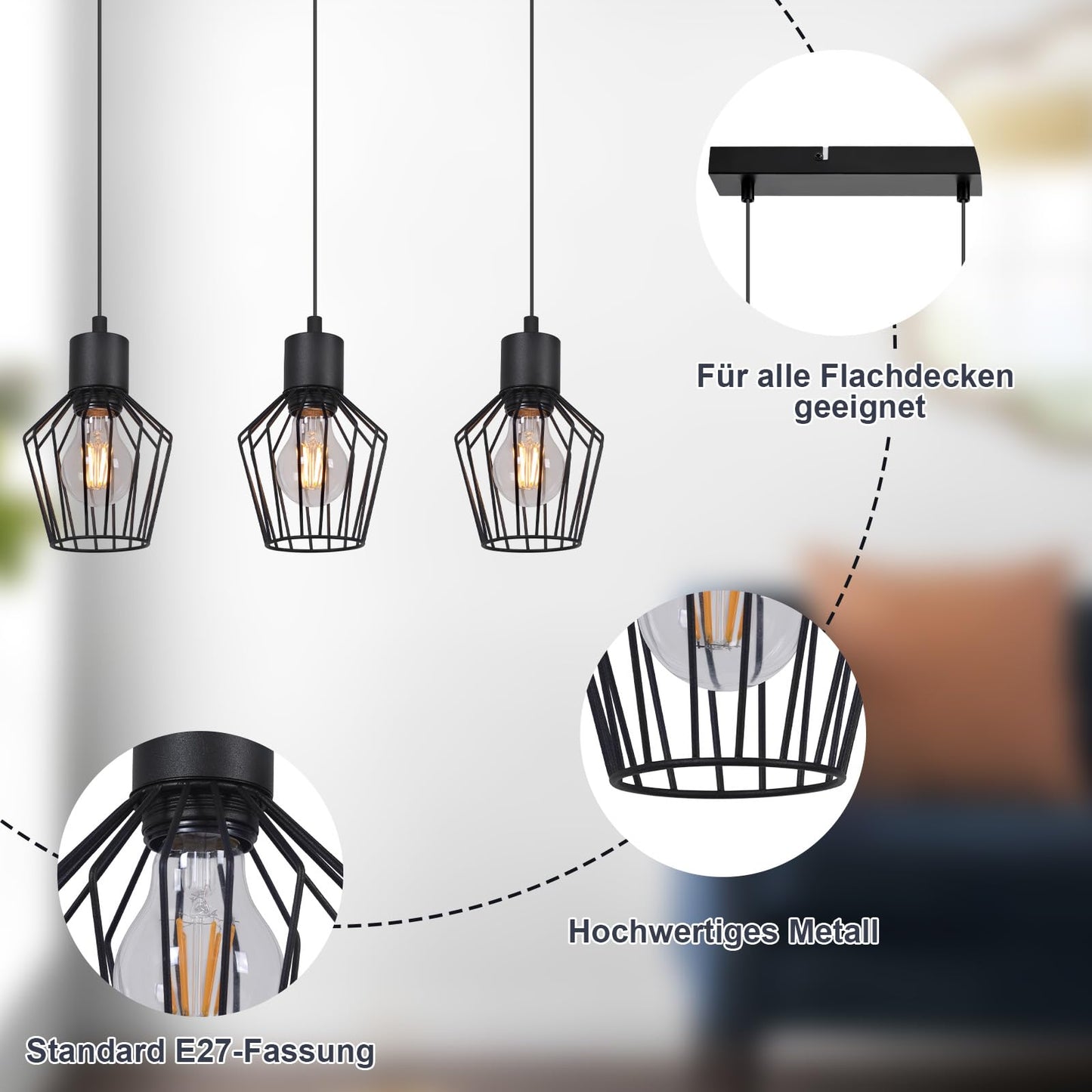 Schwarze 3-flammige LED Hängelampe – Retro Käfig Pendelleuchte für Esszimmer