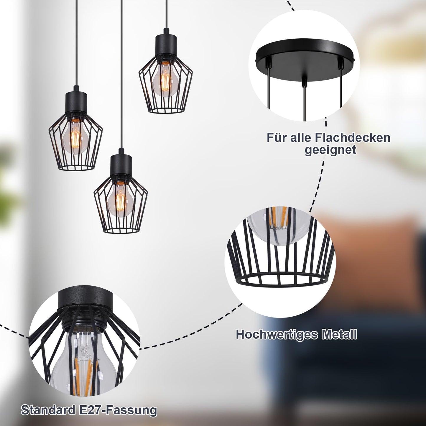 Schwarze 3-flammige LED Hängelampe – Retro Käfig Pendelleuchte für Esszimmer